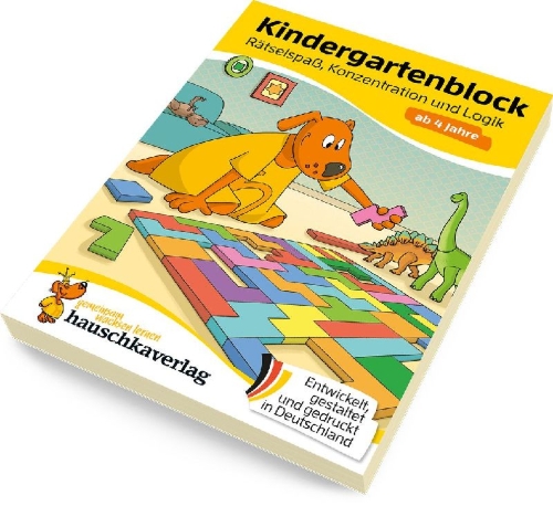 Buchcover und Innenansicht für das Buch: Kindergartenblock ab 4 Jahre - Rätsel-Spaß, Konzentration und Logik