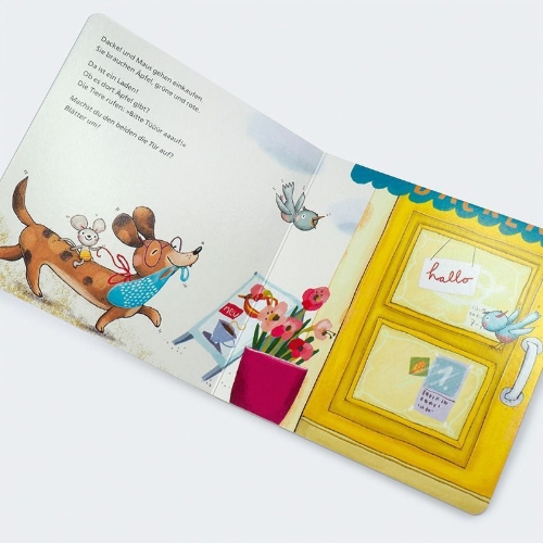 Buchcover und Innenansicht für das Buch: Tür auf für Dackel und Maus - Beim Einkaufen