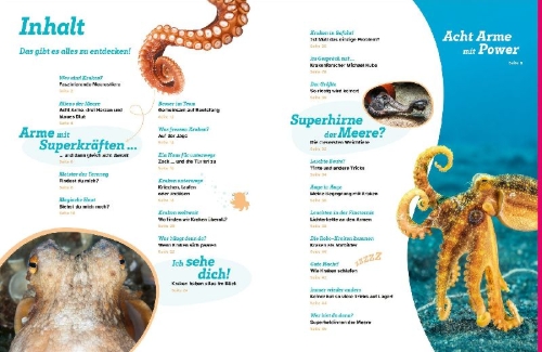 Buchcover und Innenansicht für das Buch: WAS IST WAS Kraken. Acht Arme und drei Herzen