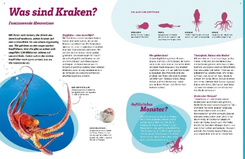 Buchcover und Innenansicht für das Buch: WAS IST WAS Kraken. Acht Arme und drei Herzen