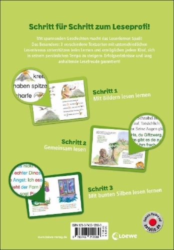 Buchcover und Innenansicht für das Buch: Lesenlernen in 3 Schritten - Die schönsten Dinogeschichten