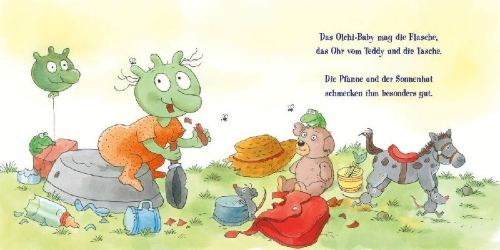 Buchcover und Innenansicht für das Buch: Die Olchis. Olchi-Baby macht, was es will!