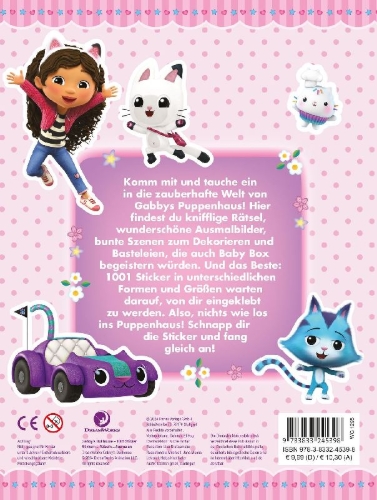 Buchcover und Innenansicht für das Buch: Gabby's Dollhouse: 1001 Sticker: Stickern - Rätseln - Ausmalen