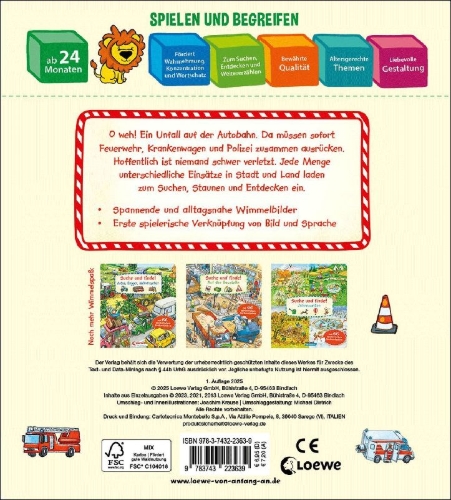 Buchcover und Innenansicht für das Buch: Suche und finde! Polizei, Feuerwehr und Krankenwagen