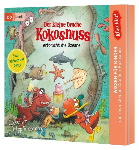 Buchcover und Innenansicht für das Buch: Alles klar! Der kleine Drache Kokosnuss erforscht die Ozeane
