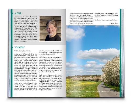 Buchcover und Innenansicht für das Buch: KOMPASS Wanderführer Mecklenburgische Seenplatte, Land der 1000 Seen mit Nationalpark Müritz, 55 Touren mit Extra-Tourenkarte