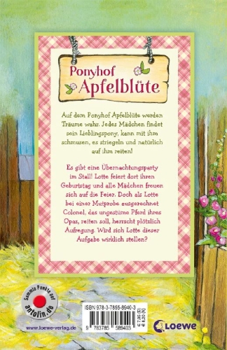Buchcover und Innenansicht für das Buch: Ponyhof Apfelblüte 12 - Lotte und die Übernachtungsparty