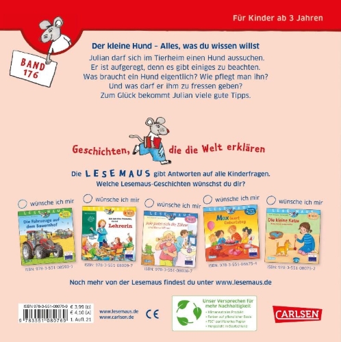 Buchcover und Innenansicht für das Buch: LESEMAUS 176: Der kleine Hund - alles, was du wissen willst