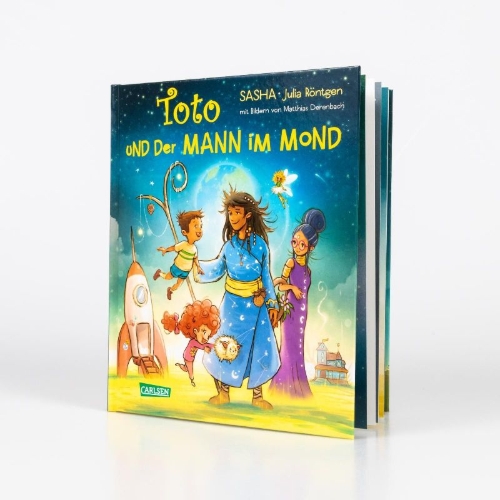 Buchcover und Innenansicht für das Buch: Toto und der Mann im Mond