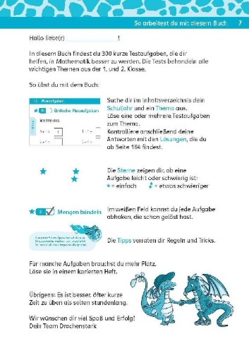 Buchcover und Innenansicht für das Buch: Team Drachenstark: Kurztests Mathe 1./2. Klasse