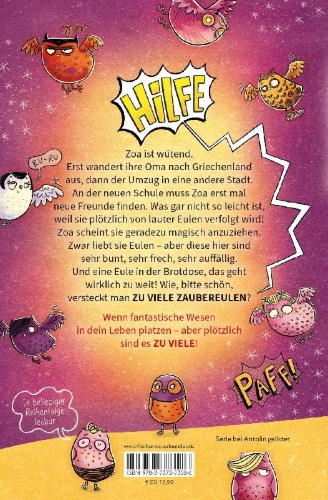 Buchcover und Innenansicht für das Buch: Hilfe, zu viele Zaubereulen!