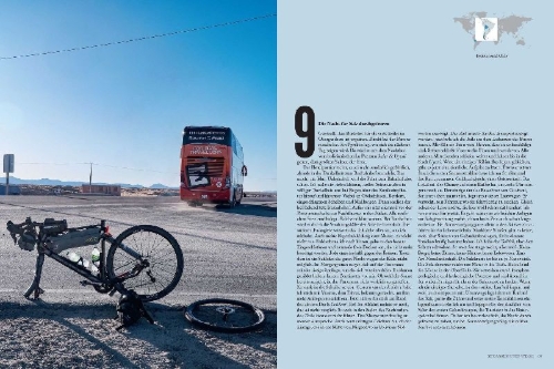 Buchcover und Innenansicht für das Buch: Staunen - Mit dem Rennrad an die Enden der Welt