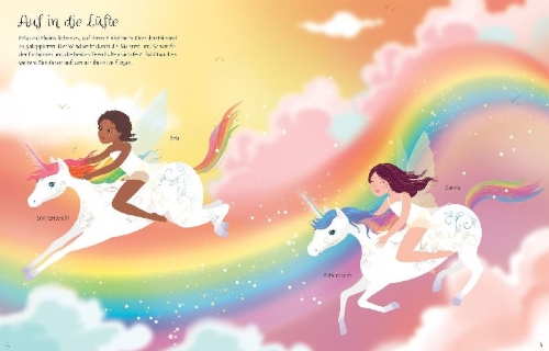 Buchcover und Innenansicht für das Buch: Mein Anziehpuppen-Stickerbuch: Regenbogen-Einhörner