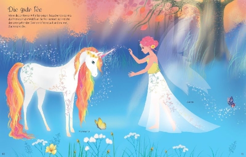 Buchcover und Innenansicht für das Buch: Mein Anziehpuppen-Stickerbuch: Regenbogen-Einhörner