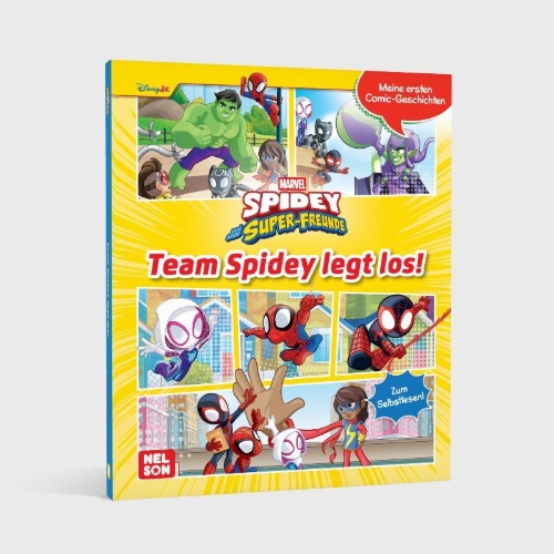 Buchcover und Innenansicht für das Buch: Spidey und seine Super-Freunde: Meine ersten Comic-Geschichten: Team Spidey legt los!