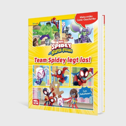 Buchcover und Innenansicht für das Buch: Spidey und seine Super-Freunde: Meine ersten Comic-Geschichten: Team Spidey legt los!