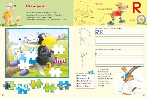 Buchcover und Innenansicht für das Buch: Der kleine Rabe Socke: Fit für die Schule!