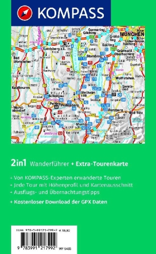 Buchcover und Innenansicht für das Buch: KOMPASS Wanderführer Pfaffenwinkel, Fünfseenland, Starnberger See, Ammersee, 60 Touren mit Extra-Tourenkarte