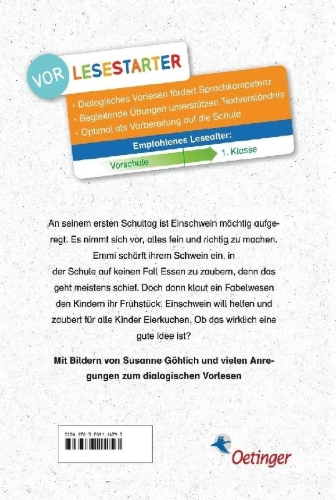 Buchcover und Innenansicht für das Buch: Emmi & Einschwein. Schulstart mit Eierkuchen