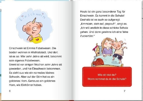 Buchcover und Innenansicht für das Buch: Emmi & Einschwein. Schulstart mit Eierkuchen