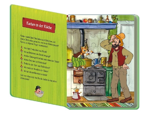 Buchcover und Innenansicht für das Buch: Trötsch Pettersson und Findus Puzzlebuch