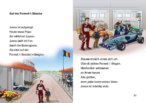 Buchcover und Innenansicht für das Buch: Leselöwen 2. Klasse - Vollgas auf der Rennstrecke