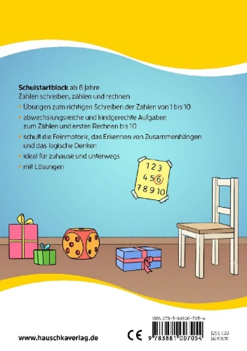 Buchcover und Innenansicht für das Buch: Schulstart-Block ab 6 Jahre - Zahlen schreiben, zählen und rechnen