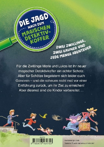 Buchcover und Innenansicht für das Buch: Die Jagd nach dem magischen Detektivkoffer, Band 2 - Vorsicht, Ganoven!