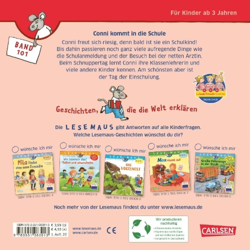 Buchcover und Innenansicht für das Buch: LESEMAUS 101: Conni kommt in die Schule