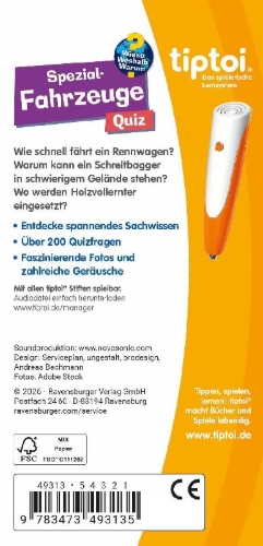 Buchcover und Innenansicht für das Buch: tiptoi® Wieso? Weshalb? Warum? Quiz - Spezialfahrzeuge