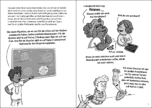 Buchcover und Innenansicht für das Buch: Die Weltraumschule (Band 2) - Ein schleimiger Spion