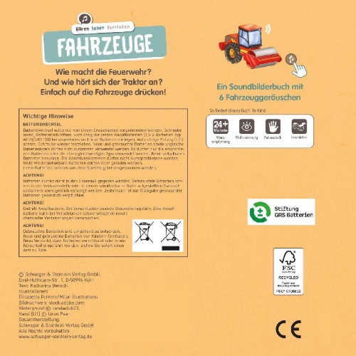 Buchcover und Innenansicht für das Buch: Hören-Sehen-Verstehen Fahrzeuge I Ab 24 Monaten