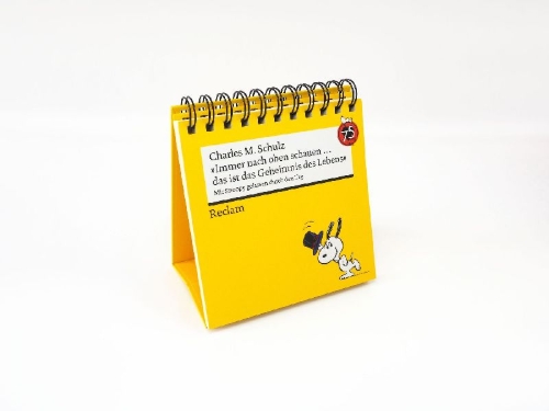 Buchcover und Innenansicht für das Buch: "Immer nach oben schauen ... das ist das Geheimnis des Lebens". Mit Snoopy gelassen durch den Tag (Tischaufsteller)