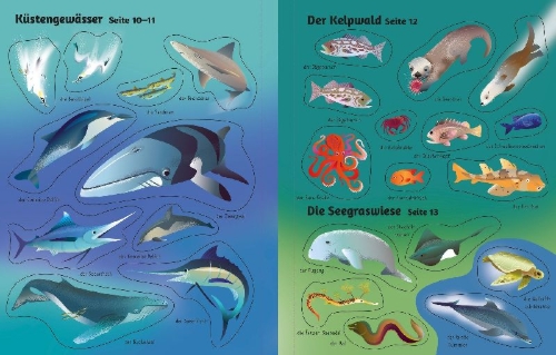 Buchcover und Innenansicht für das Buch: Mein erstes Stickerbuch: Leben im Meer