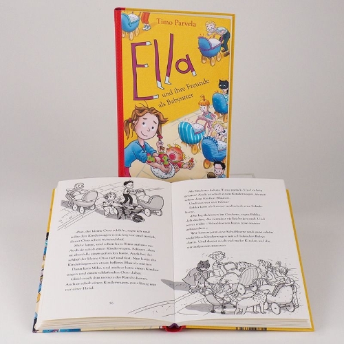 Buchcover und Innenansicht für das Buch: Ella ja kaverit lapsenvahteina