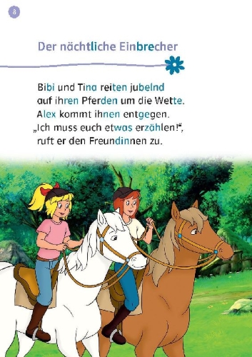 Buchcover und Innenansicht für das Buch: Lesefuchs Bibi & Tina: Wunderbare Welt der Pferde 4 spannende Pferde-Abenteuer in einem Band Lesestufe 1