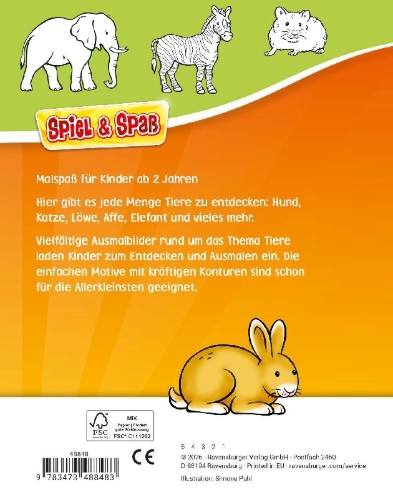 Buchcover und Innenansicht für das Buch: Spiel & Spaß - Mein allererster Malblock: Tiere