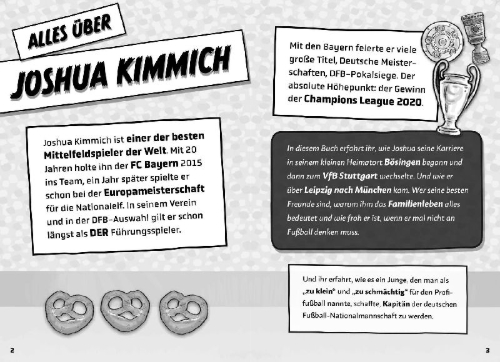 Buchcover und Innenansicht für das Buch: Mein Fußballheld Joshua Kimmich - Seine Geschichte, seine Spiele, seine Rekorde