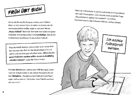 Buchcover und Innenansicht für das Buch: Mein Fußballheld Joshua Kimmich - Seine Geschichte, seine Spiele, seine Rekorde