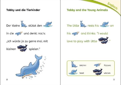 Buchcover und Innenansicht für das Buch: Bildermaus - Mit Bildern Englisch lernen - Delfingeschichten - Dolphin Stories