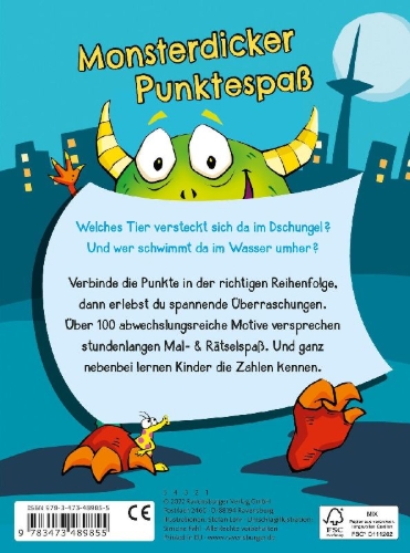 Buchcover und Innenansicht für das Buch: Ravensburger Mein monsterstarker Von-Punkt-zu-Punkt-Block - Für Kinder ab 5 Jahren