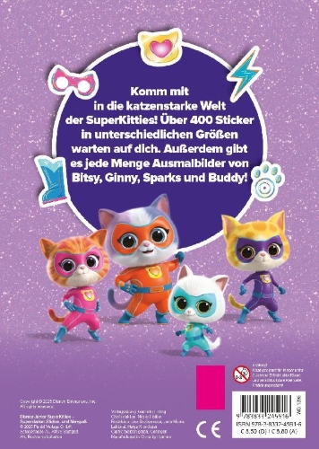 Buchcover und Innenansicht für das Buch: Disney Junior SuperKitties: Superstarker Sticker- und Malspaß