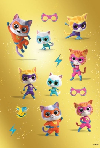 Buchcover und Innenansicht für das Buch: Disney Junior SuperKitties: Superstarker Sticker- und Malspaß