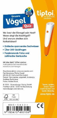 Buchcover und Innenansicht für das Buch: tiptoi® Wieso? Weshalb? Warum? Quiz - Unsere Vögel