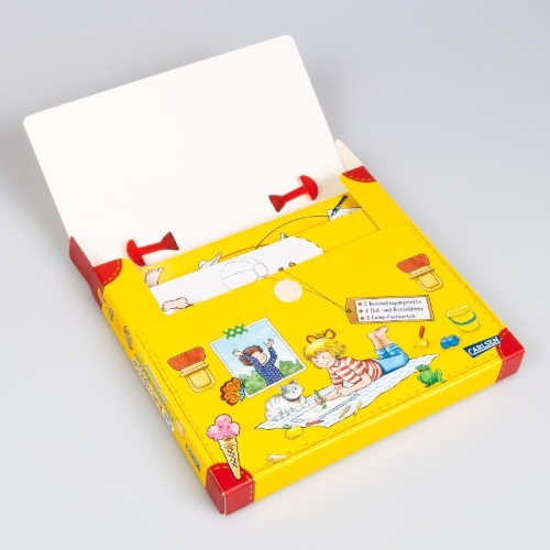 Buchcover und Innenansicht für das Buch: Conni Gelbe Reihe (Beschäftigungsbuch): Mein kunterbunter Mitmach-Koffer für unterwegs