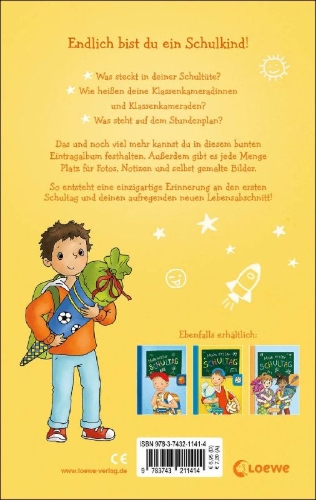 Buchcover und Innenansicht für das Buch: Mein erster Schultag - Jungs (Gelb)