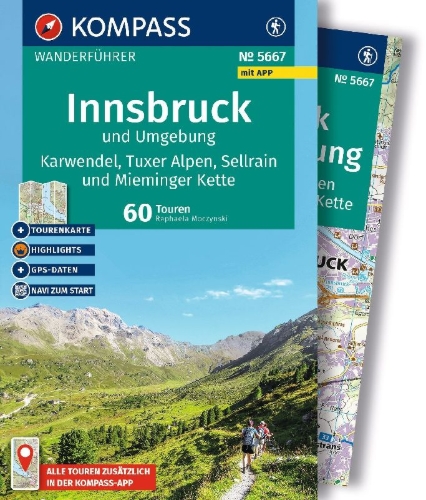 Buchcover und Innenansicht für das Buch: KOMPASS Wanderführer Innsbruck und Umgebung, Karwendel, Tuxer Alpen, Sellrain und Mieminger Kette, 60 Touren mit Extra-Tourenkarte