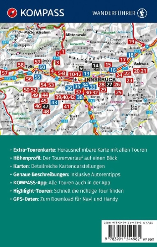 Buchcover und Innenansicht für das Buch: KOMPASS Wanderführer Innsbruck und Umgebung, Karwendel, Tuxer Alpen, Sellrain und Mieminger Kette, 60 Touren mit Extra-Tourenkarte