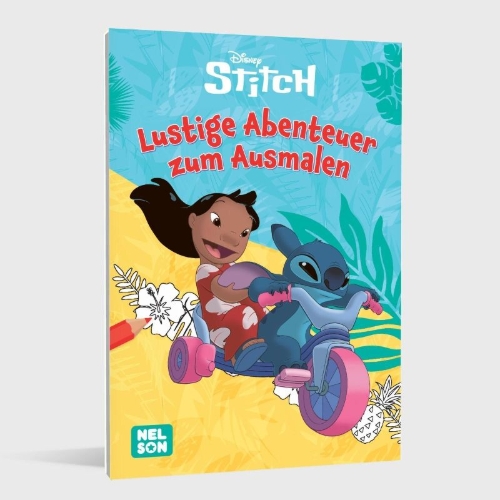 Buchcover und Innenansicht für das Buch: Disney Kreative Beschäftigung: Stitch: Lustige Abenteuer zum Ausmalen