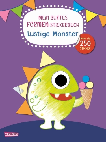 Buchcover und Innenansicht für das Buch: Mein buntes Formen-Stickerbuch: Lustige Monster